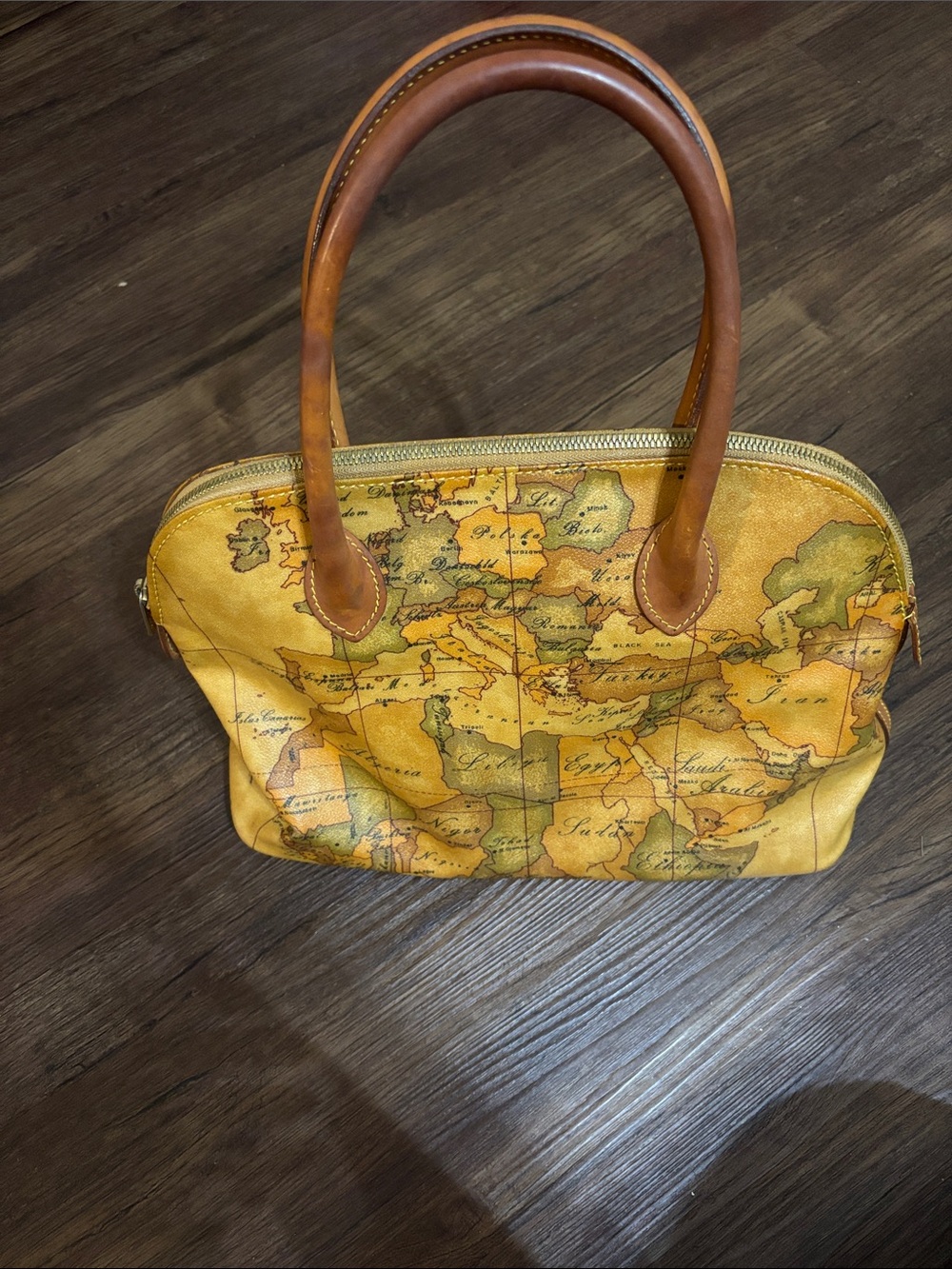 Alviero Martini Map-Print Dome Satchel in Yellow and Brown